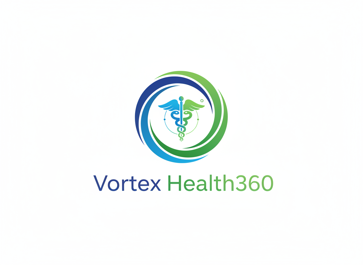 Vortex Health360 logo with blue and green circular emblem and caduceus symbol on white background