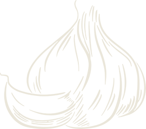 Garlic bulb with a single clove, sketched in white lines.
