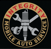 Integrity Mobile Auto Service logo with crossed wrenches, spark plug, and tire on black background