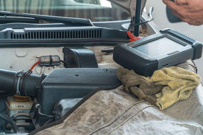 Car engine bay with black air intake, open hood, and a rag resting on the fender.