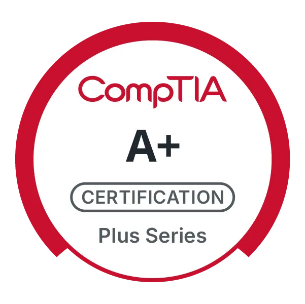 CompTIA A+ certification badge: a red and white circular logo with 