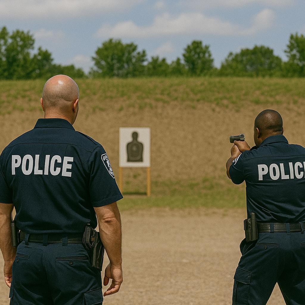 Two police officers standing in front of a target
