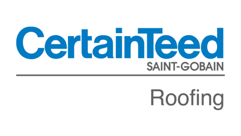 CertainTeed Roofing logo with blue text, gray Saint-Gobain, and gray word "Roofing."