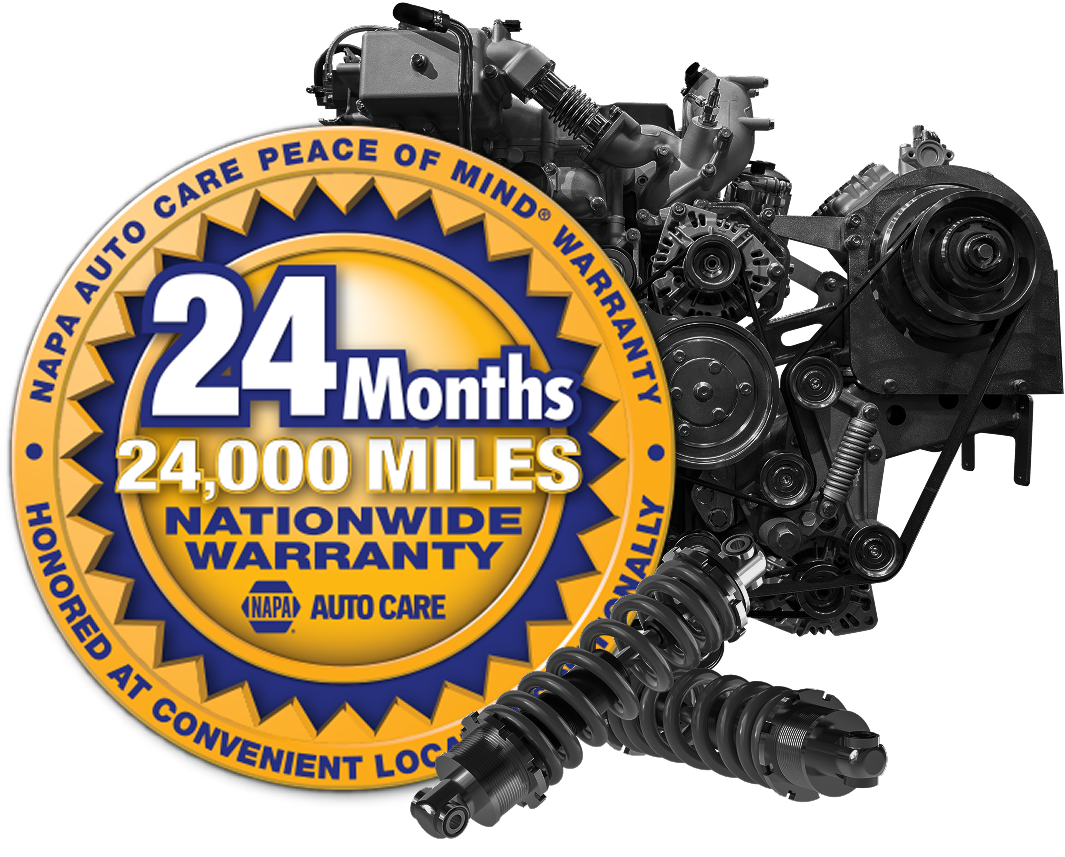 NAPA Auto Care warranty badge: 24 months, 24,000 miles nationwide, next to a black-and-white car engine. | Auto Medics of Missoula
