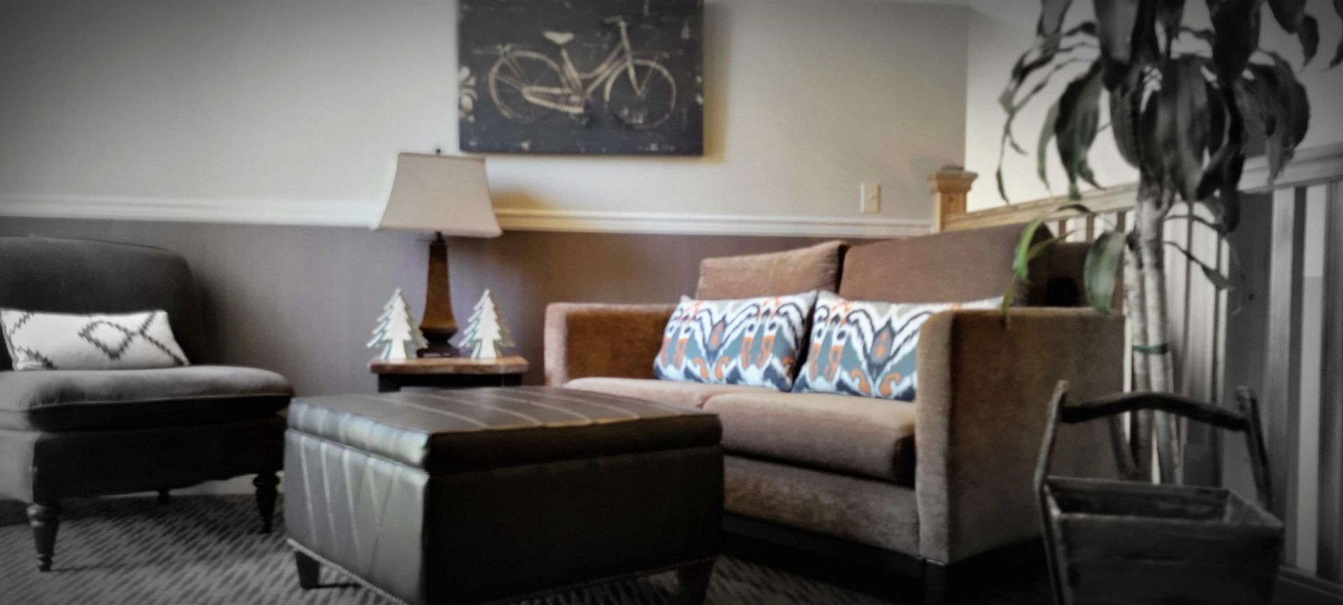 A living room with a couch , chair and ottoman.