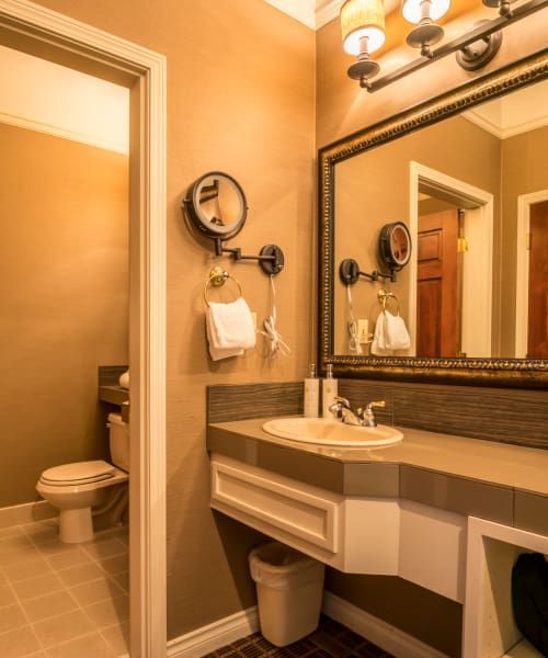 A bathroom with a sink a toilet and a mirror