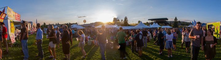 A blurry picture of a crowd of people standing in a field at a festival.
