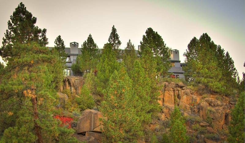 A large house is sitting on top of a hill surrounded by trees.
