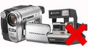 A video camera and a polaroid camera are crossed out.