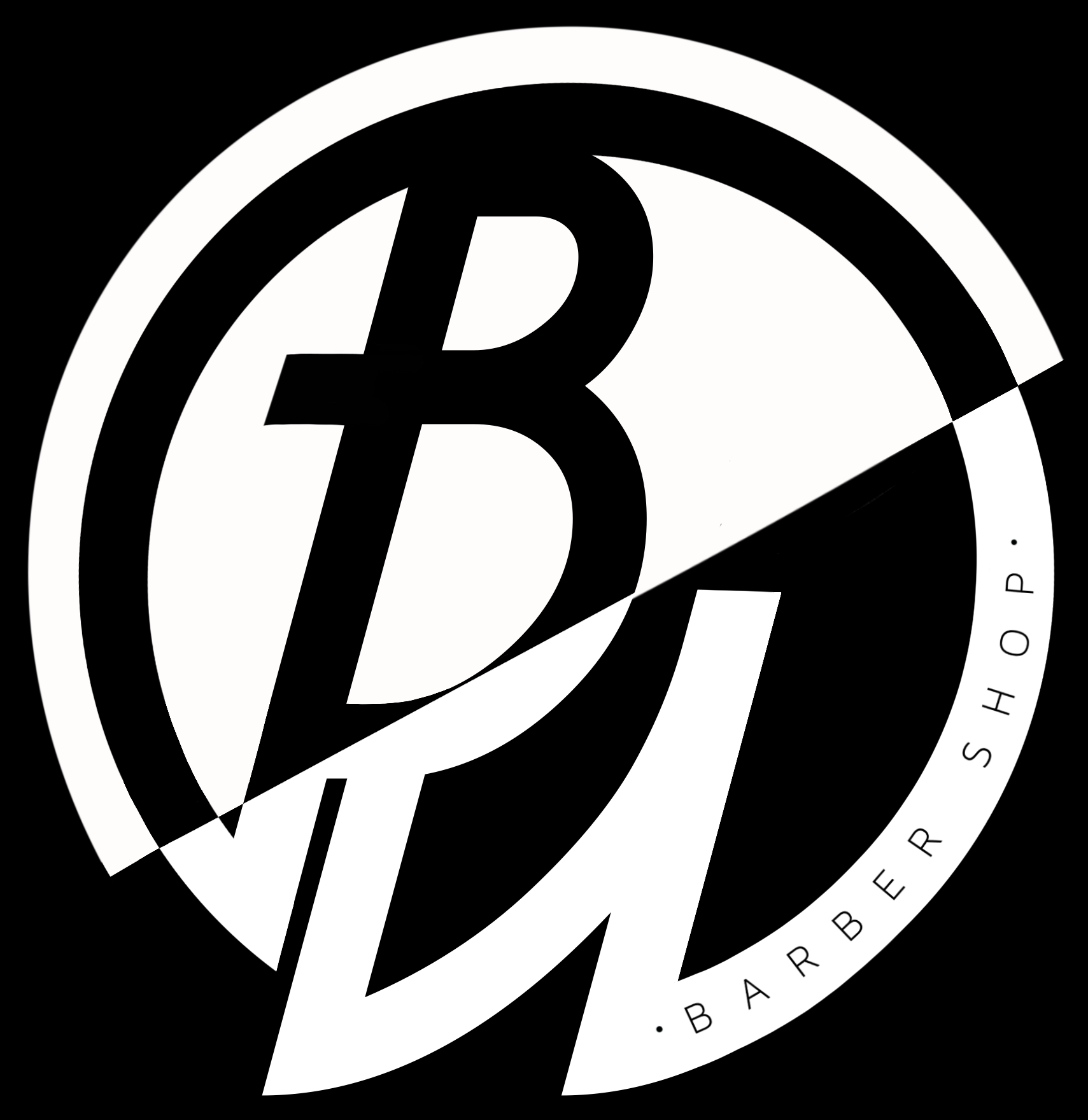 Logo for Black and White Barber Shop, with stylized text and scissors.