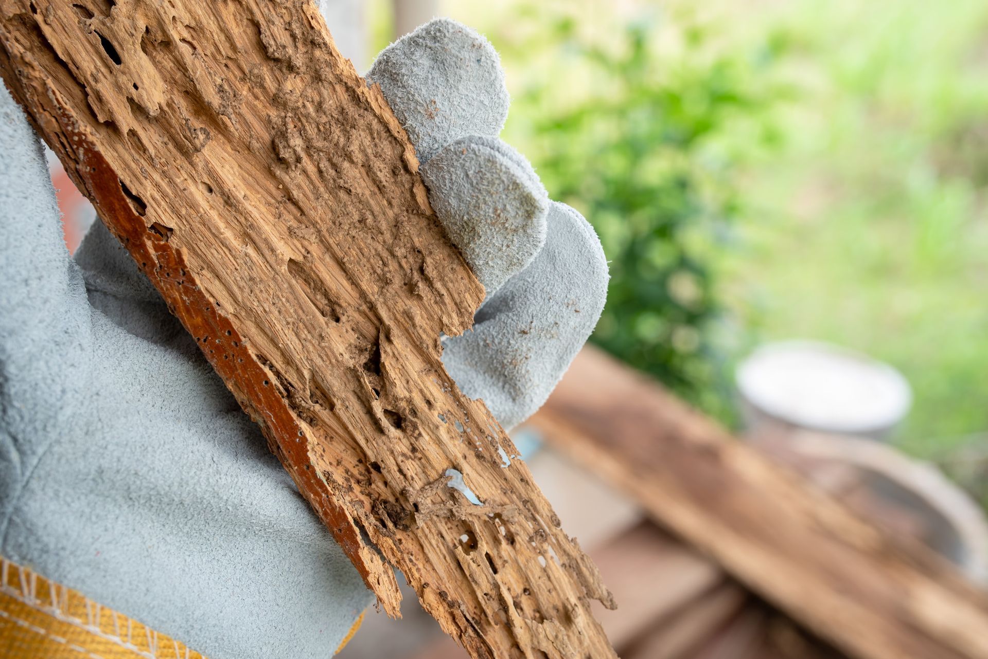 A person wearing a glove is holding a piece of wood that has been eaten by termites.