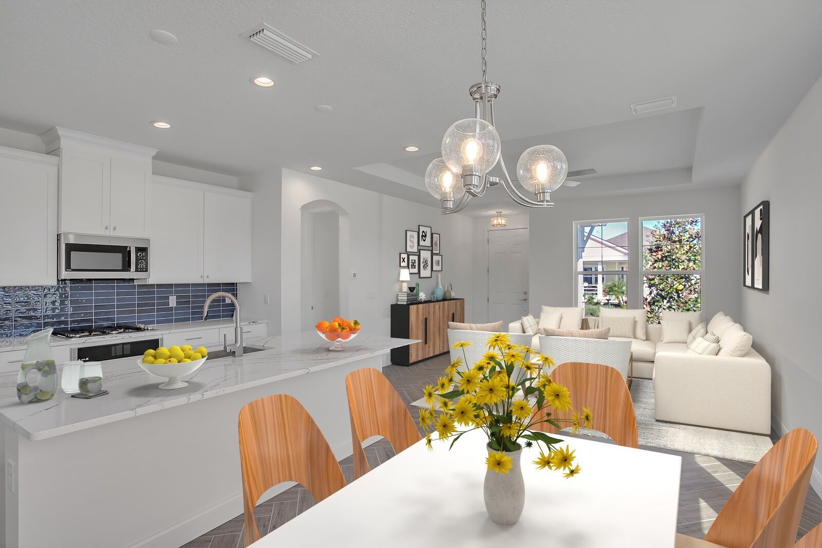 A computer generated image of a kitchen , dining room , living room and kitchen.