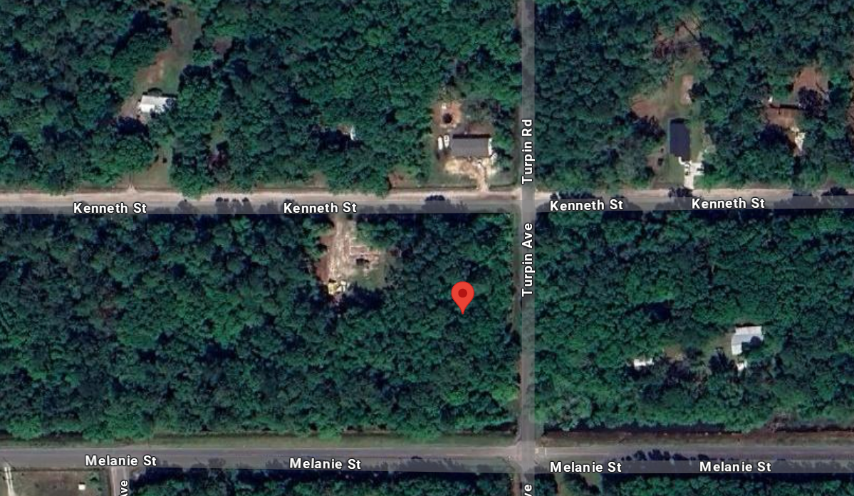 An aerial view of a residential area with lots of trees and houses.