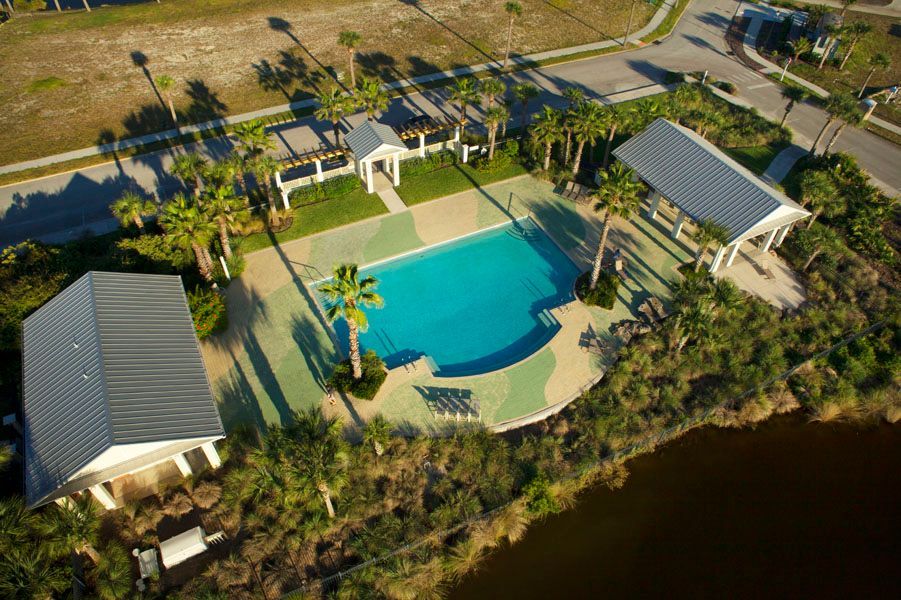 An aerial view of a swimming pool surrounded by palm trees