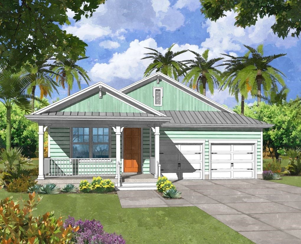 An artist 's impression of a house with palm trees in the background