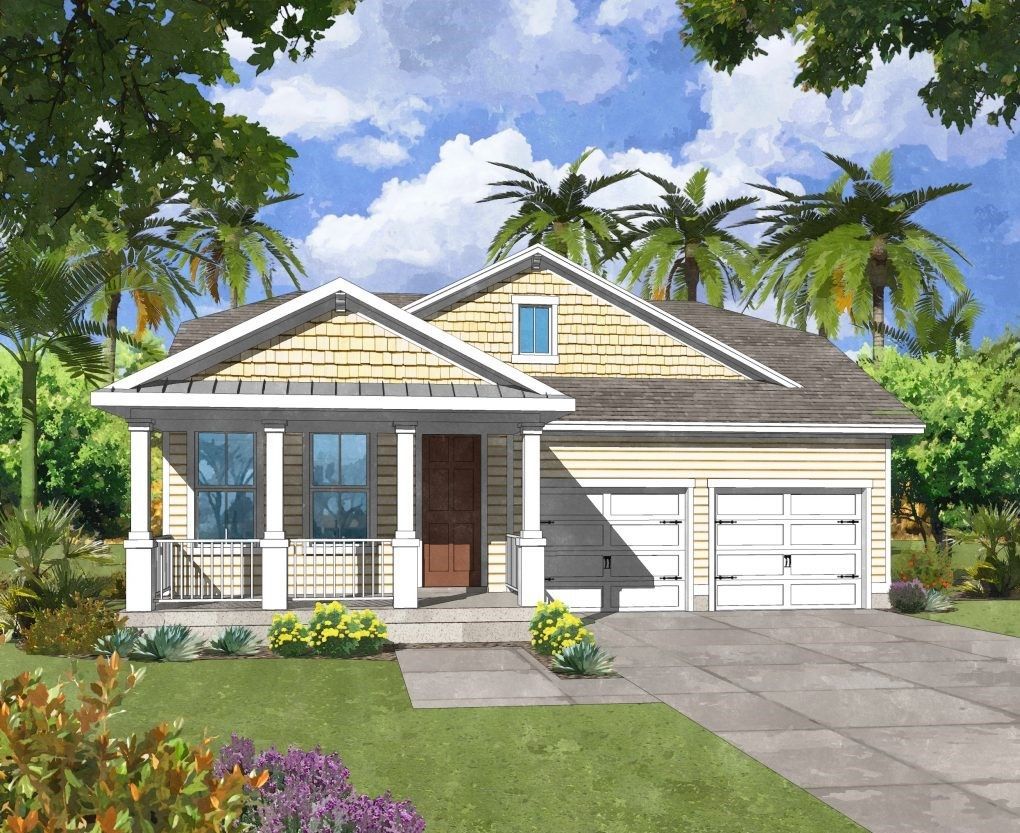 An artist 's impression of a house with palm trees in the background