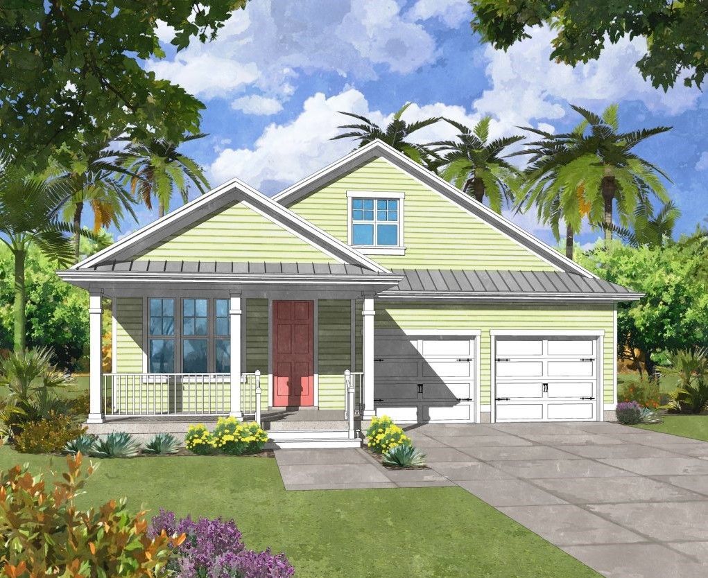 An artist 's impression of a yellow house with a red door