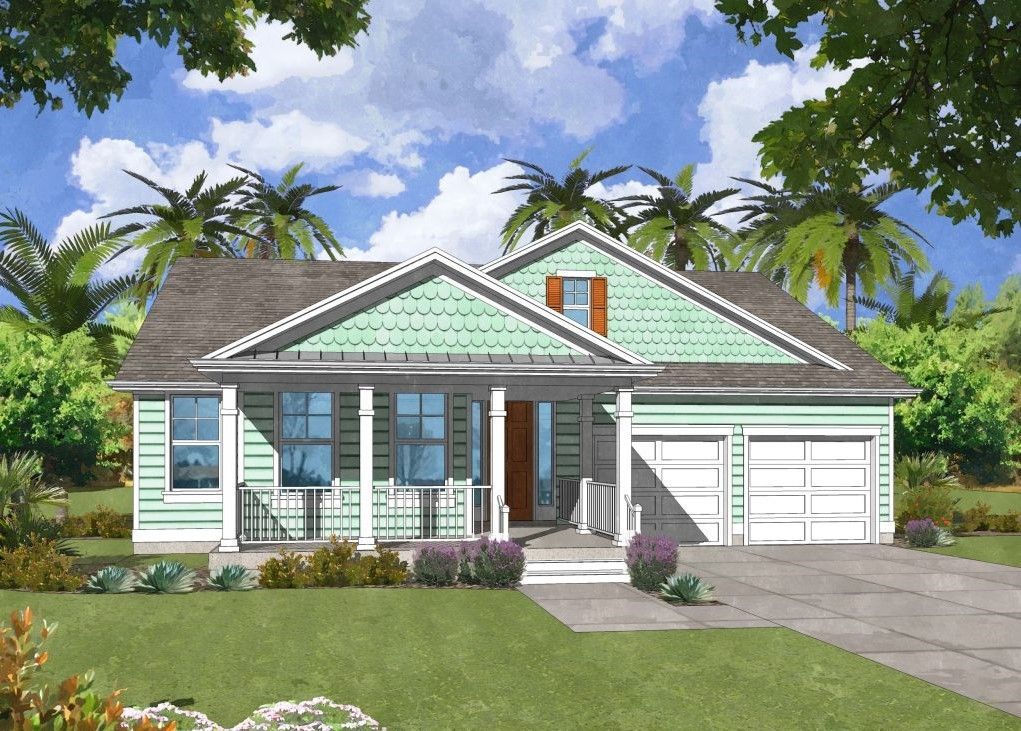 An artist 's impression of a house with palm trees in the background