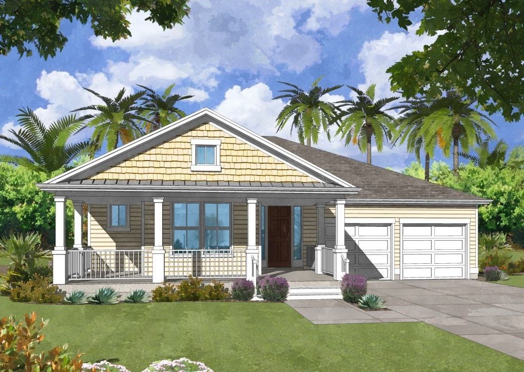 An artist 's impression of a house with palm trees in the background