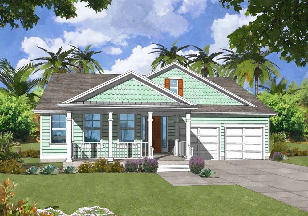 An artist 's impression of a house with green siding