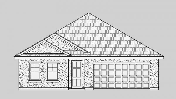A black and white drawing of a house with a garage.