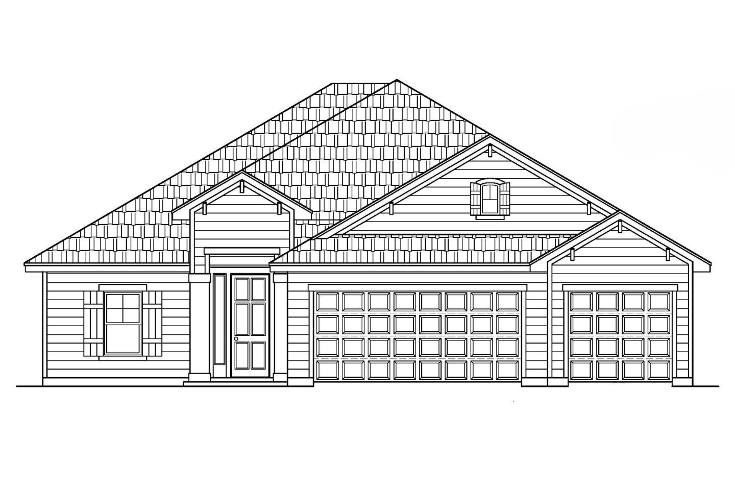 A black and white drawing of a house with a shingle roof.