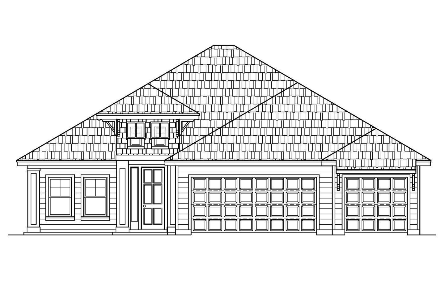 A black and white drawing of a house with a shingle roof.