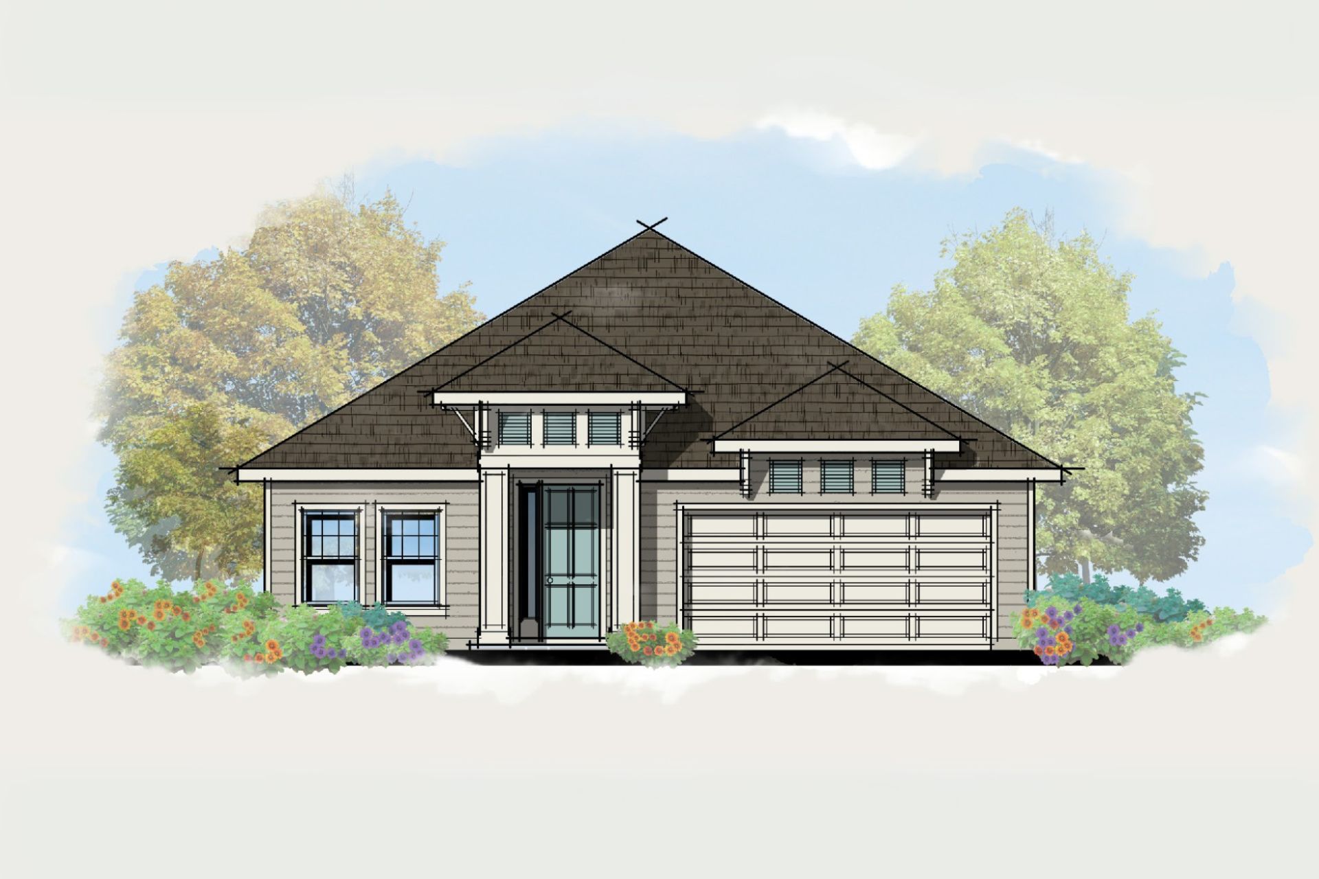 A black and white drawing of a house with a shingle roof.