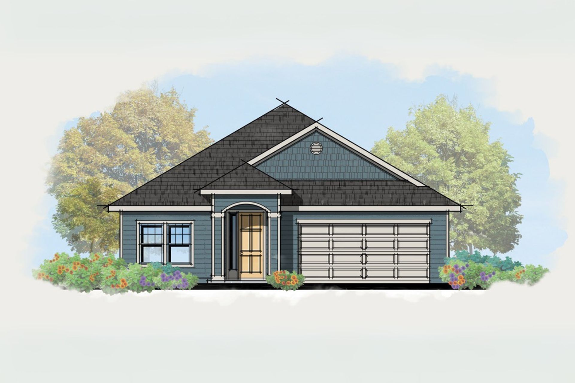 A black and white drawing of a house with a shingle roof.