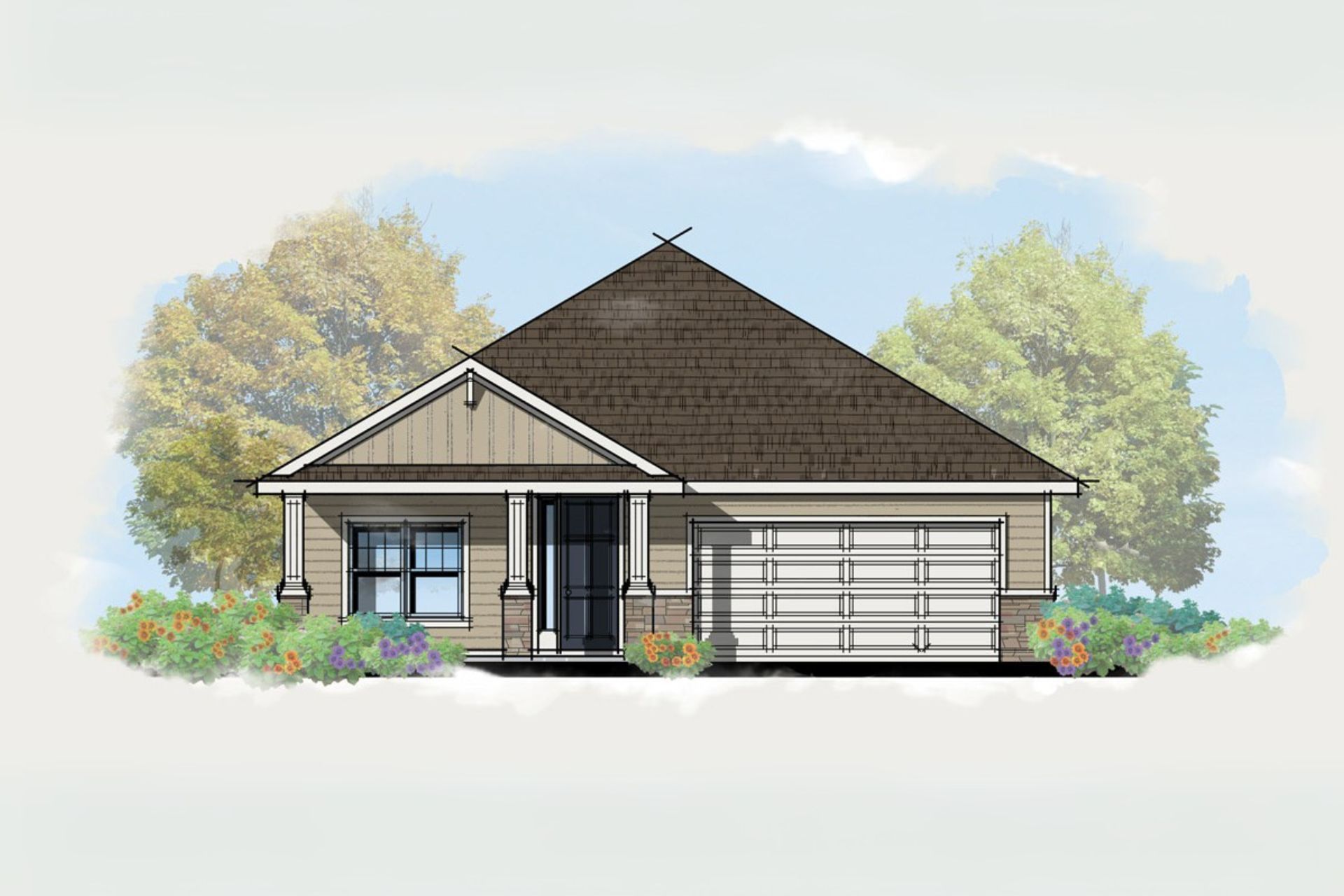 A black and white drawing of a house with a shingle roof.