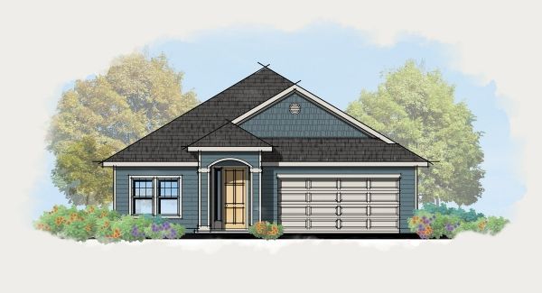 A drawing of a house with a garage and trees in the background.