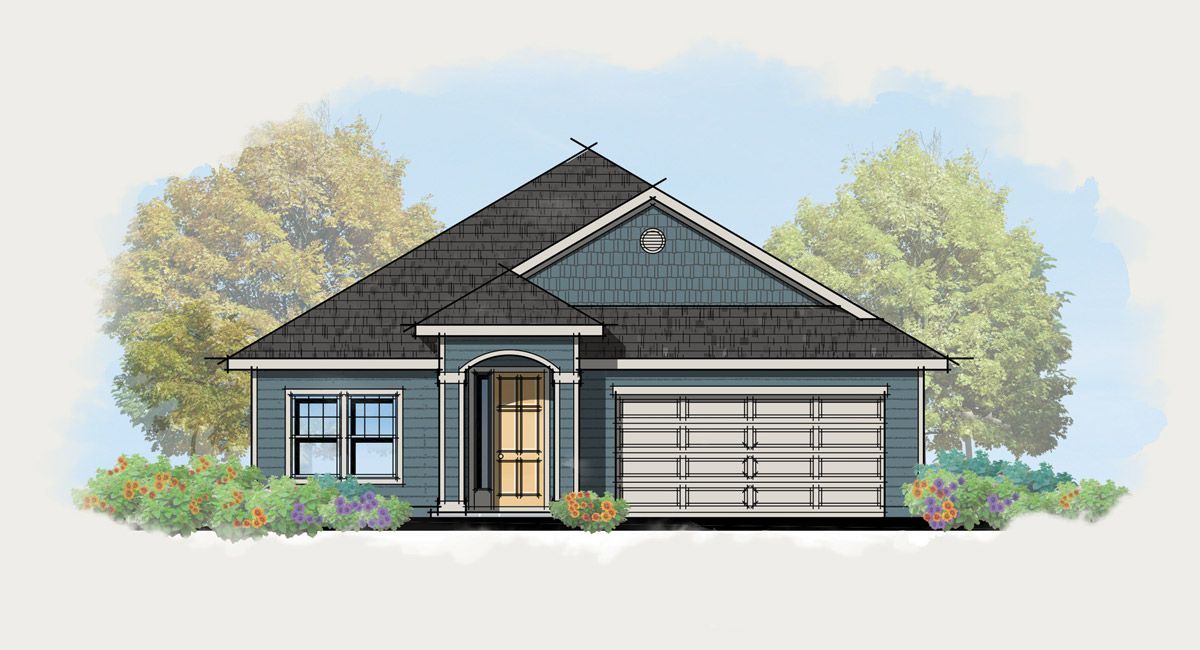 A drawing of a house with a garage and trees in the background.