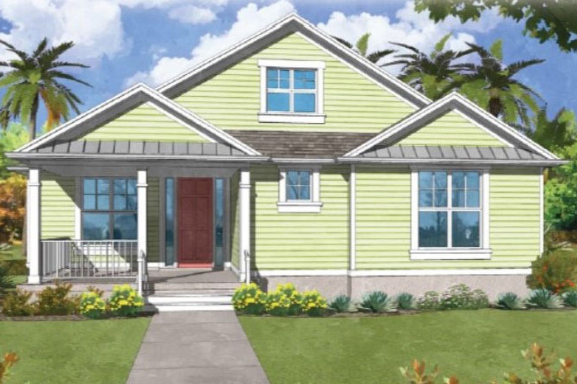 An artist 's impression of a yellow house with a red door