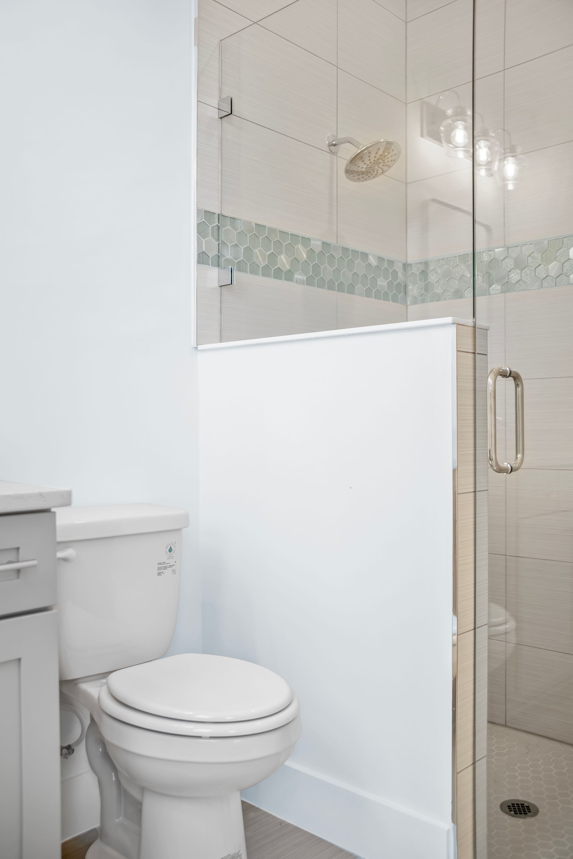 A bathroom with a toilet and a walk in shower.