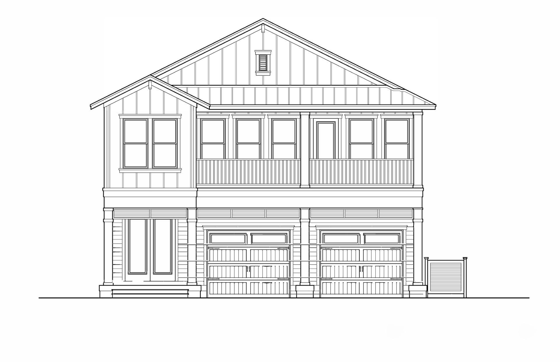 A black and white drawing of a house on a white background.