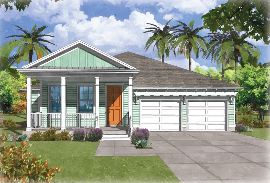 An artist 's impression of a house with palm trees in the background