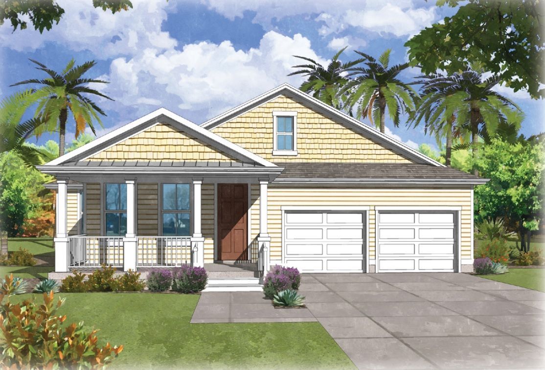 An artist 's impression of a house with two garages and a porch.
