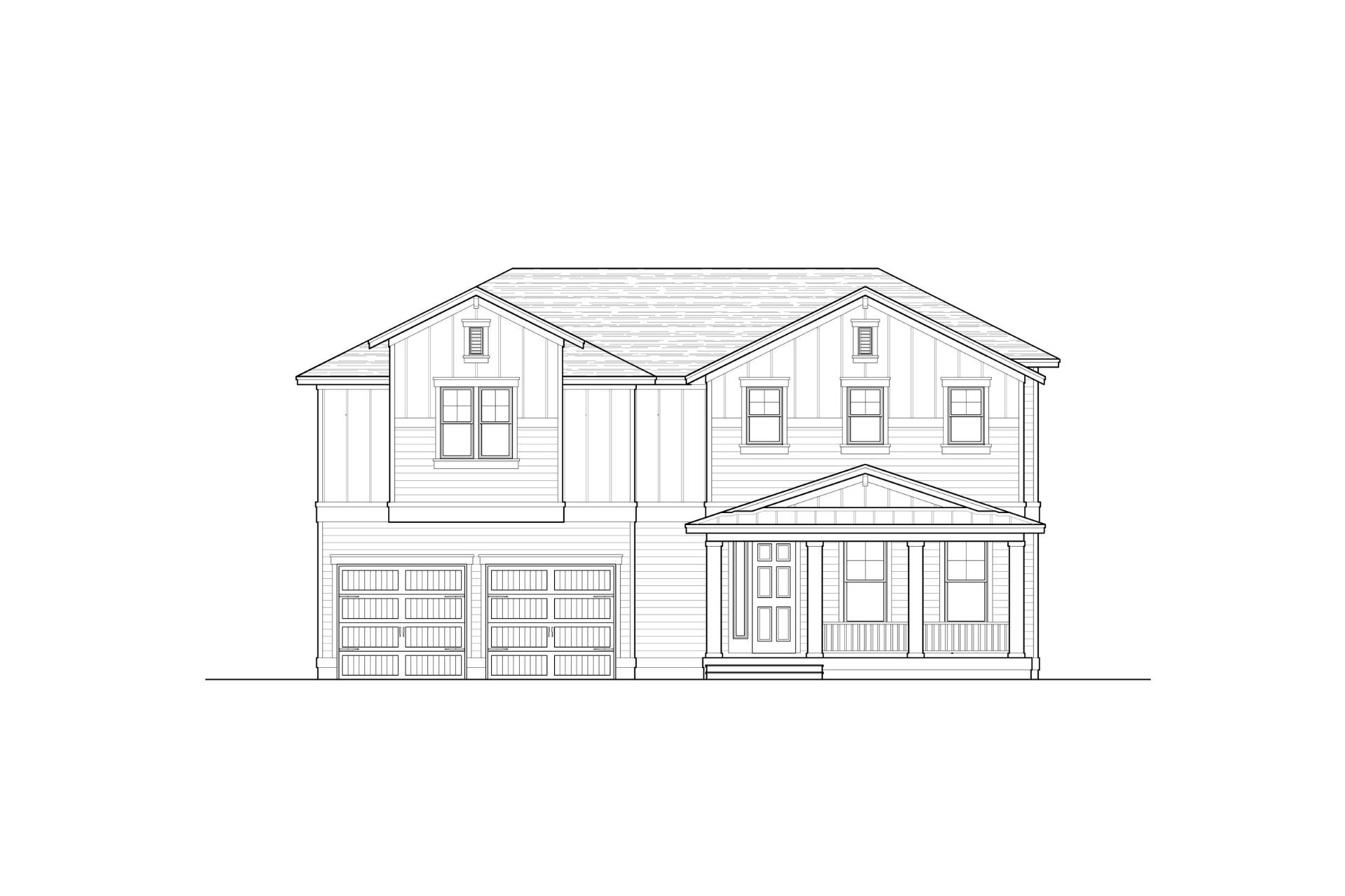 A black and white drawing of a house on a white background.