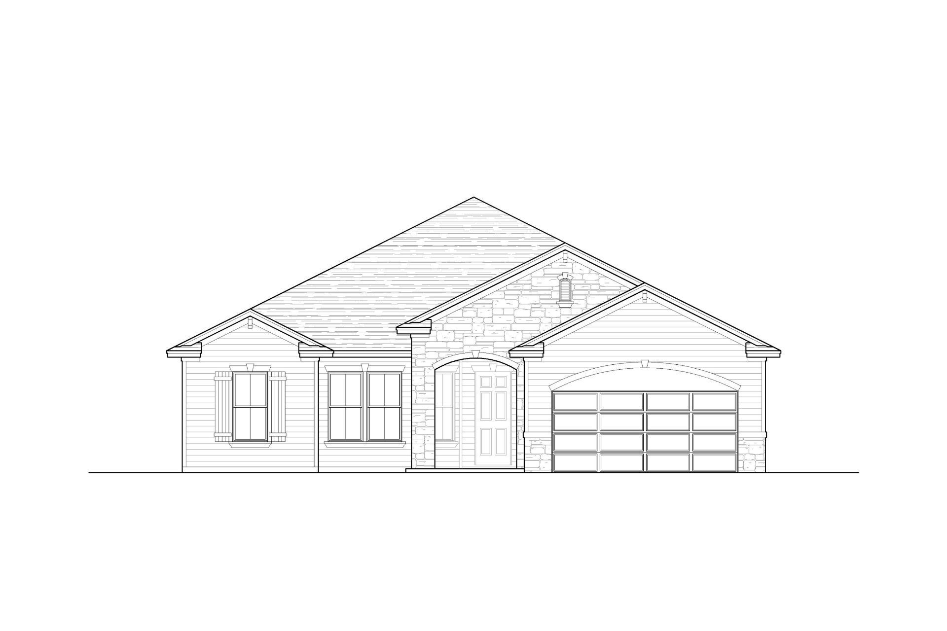 A black and white drawing of a house with a shingle roof.