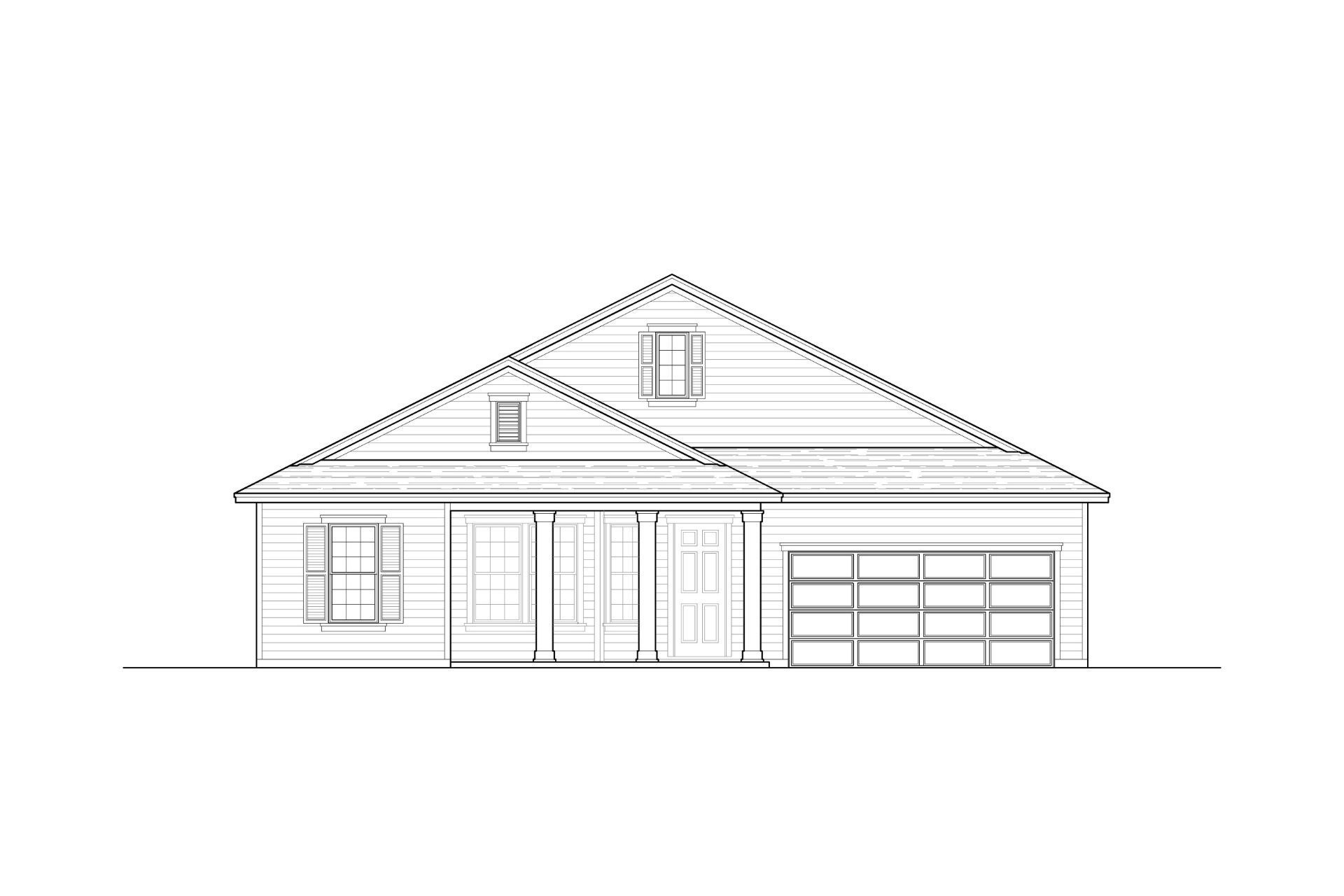A black and white drawing of a house with a garage and a porch.