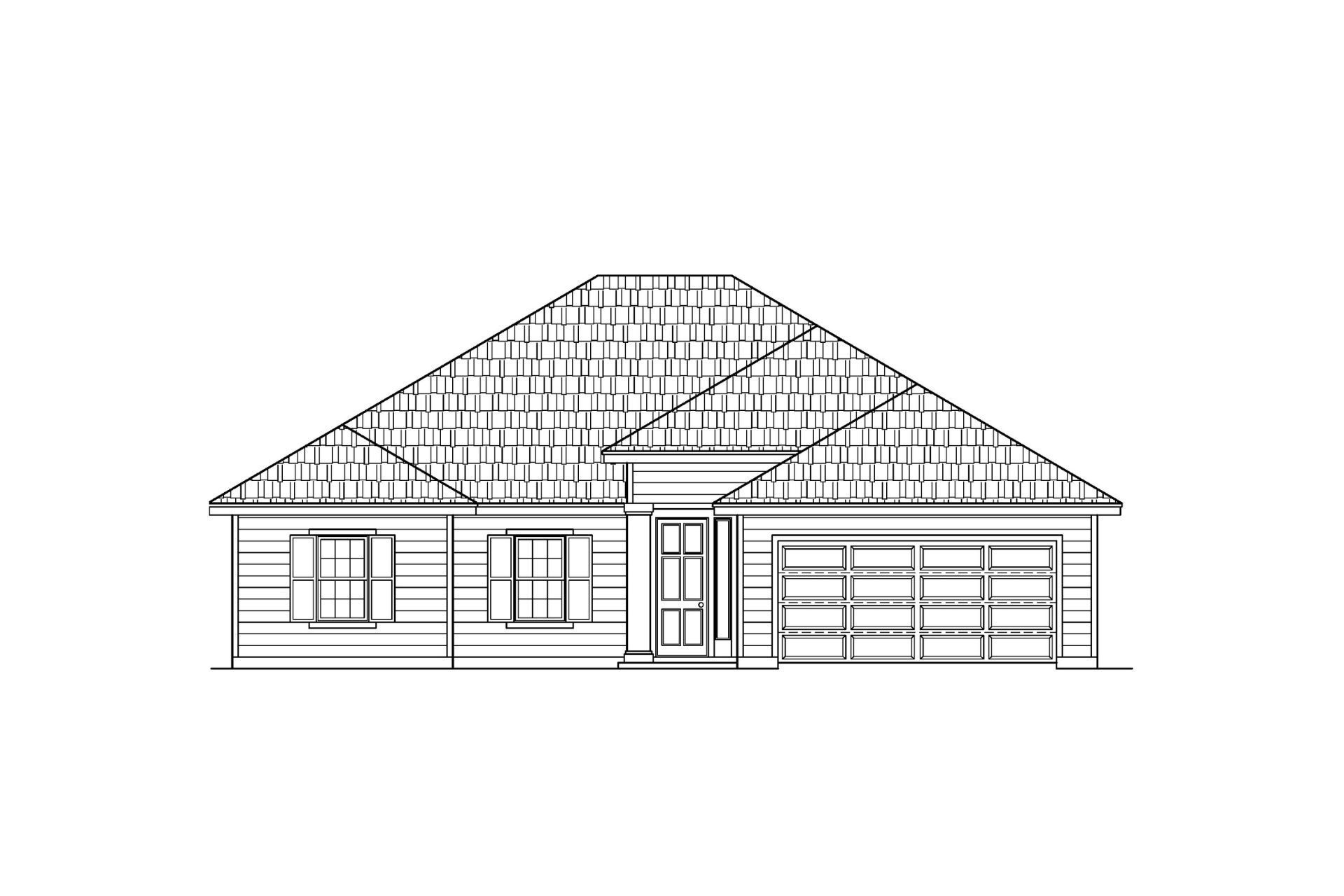 A black and white drawing of a house with a shingle roof.