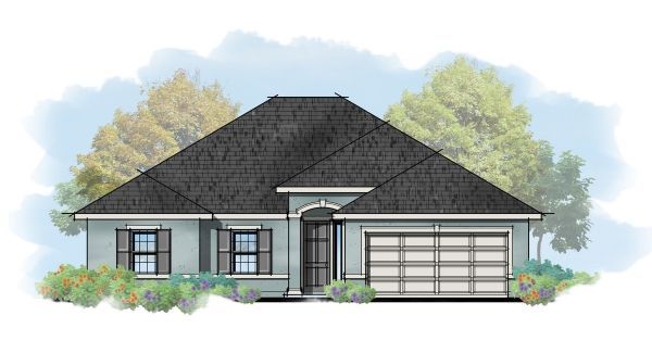 A drawing of a house with a black roof and a garage.