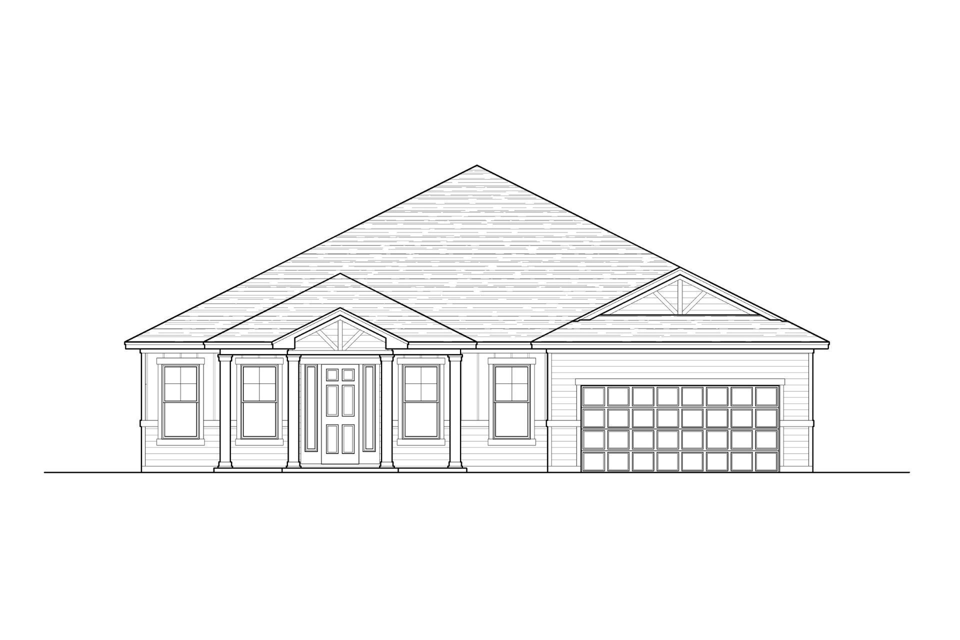 A black and white drawing of a house with a shingle roof.