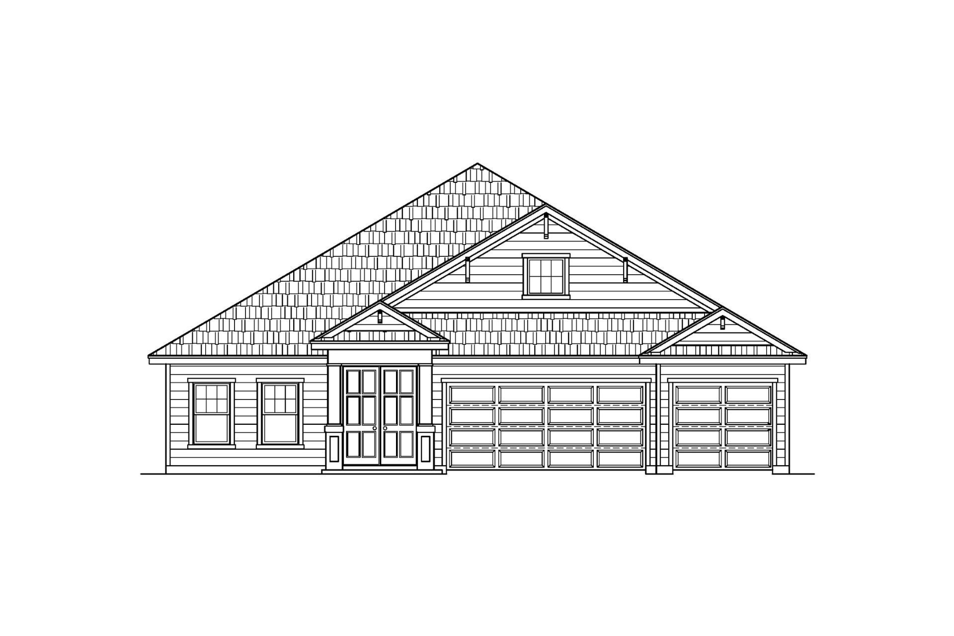 A black and white drawing of a house with a garage.