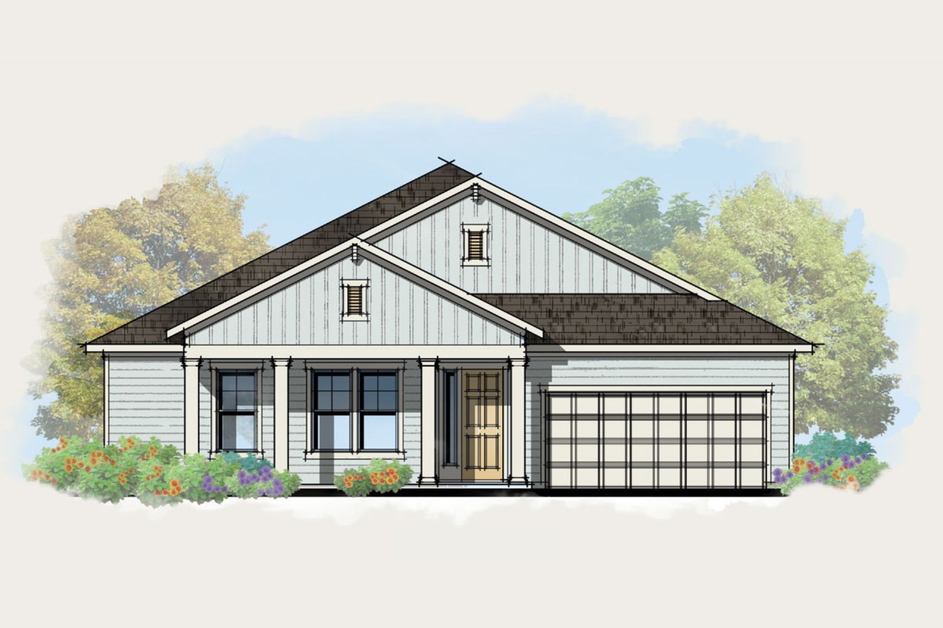 A rendering of a house with a garage and a porch.