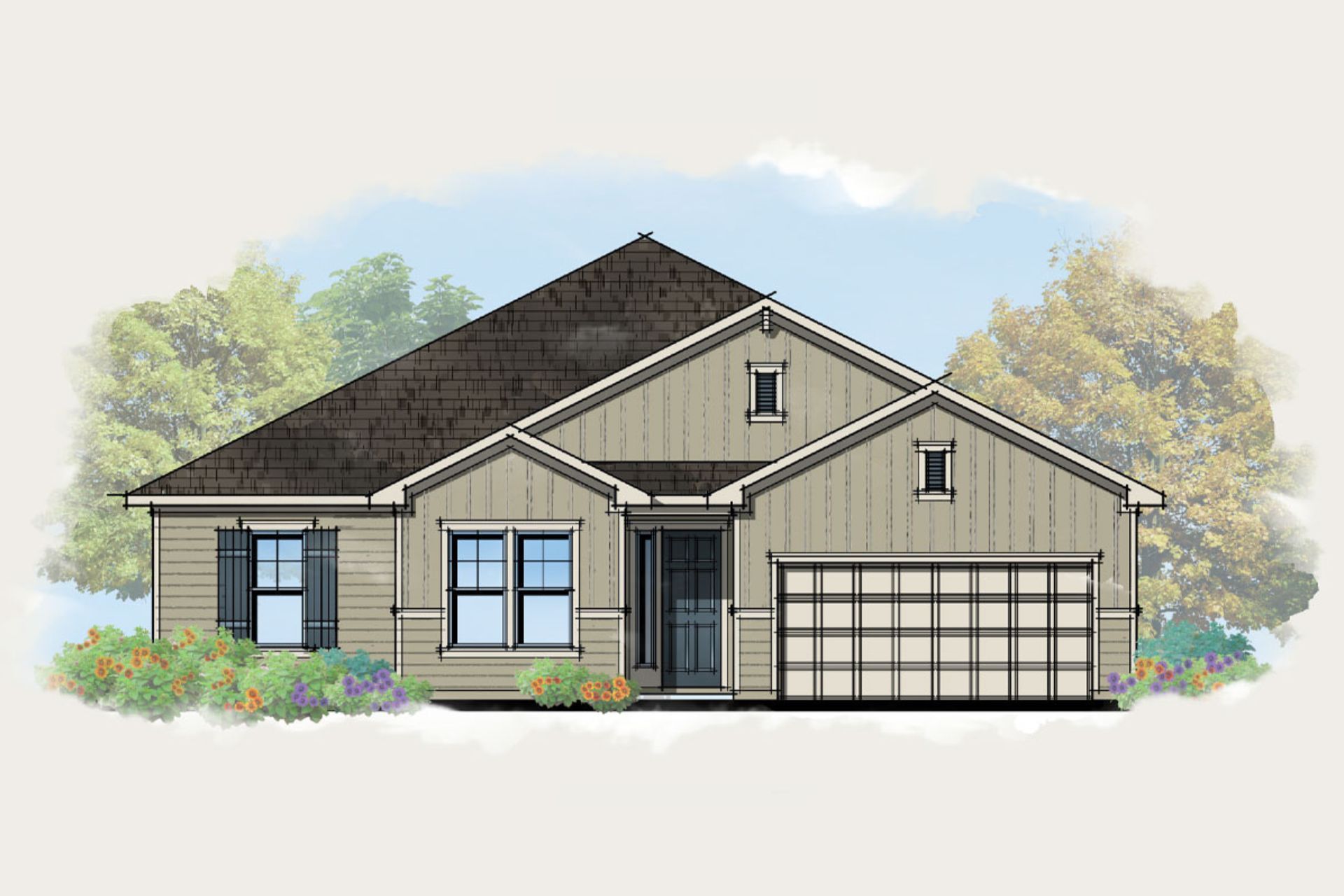 A drawing of a house with a garage and trees in the background.