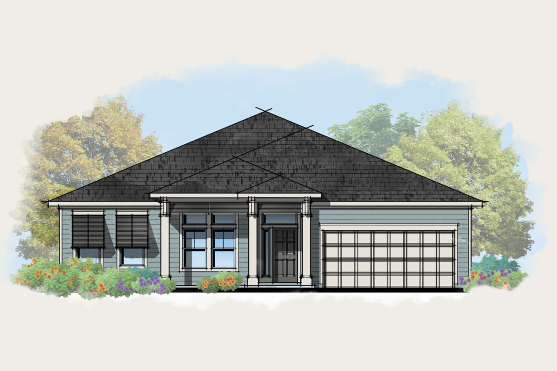 A drawing of a house with a black roof and a black garage door.