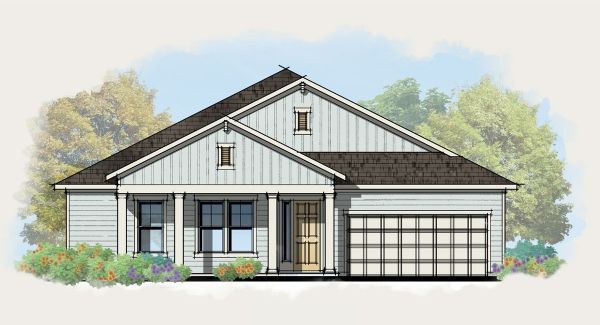 A drawing of a house with a garage and a porch.