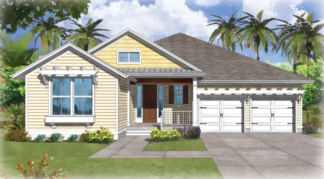 An artist 's impression of a house with palm trees in the background.