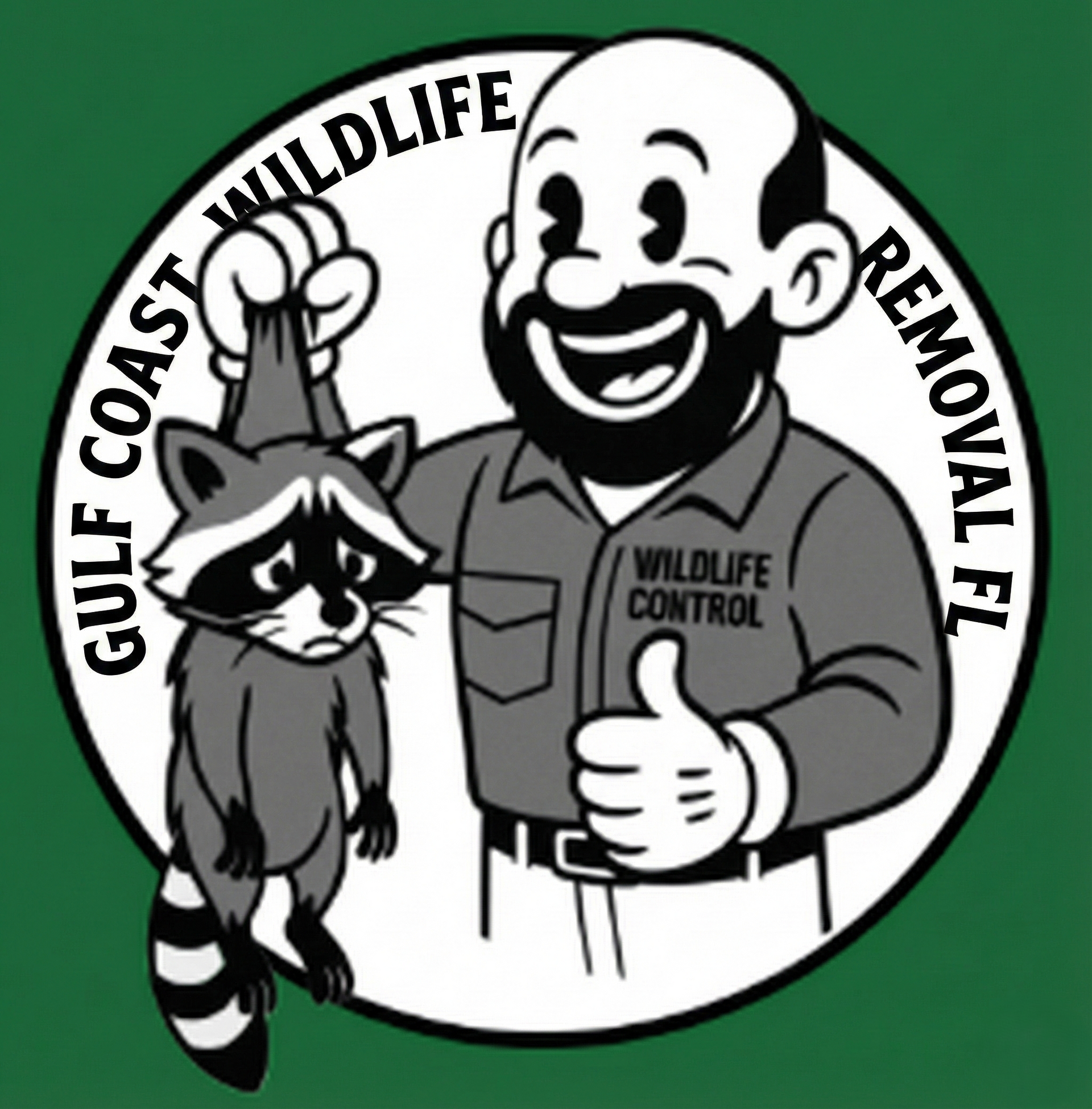 Man holding raccoon, &ldquo;Gulf Coast Wildlife Removal FL&rdquo; logo. Raccoon looks sad, man smiles.